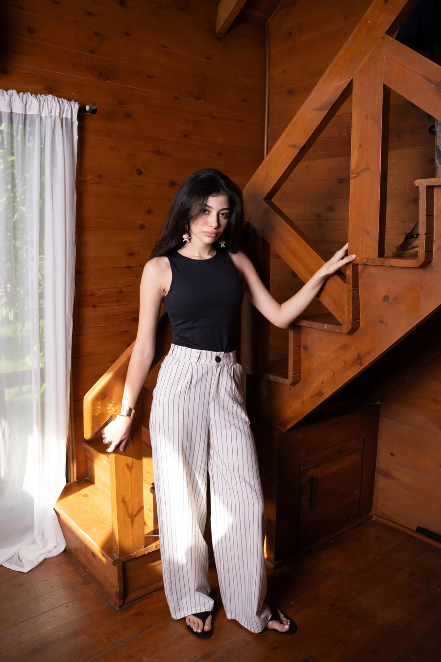 Pleated Wide-Leg Trousers — Natural Stripe