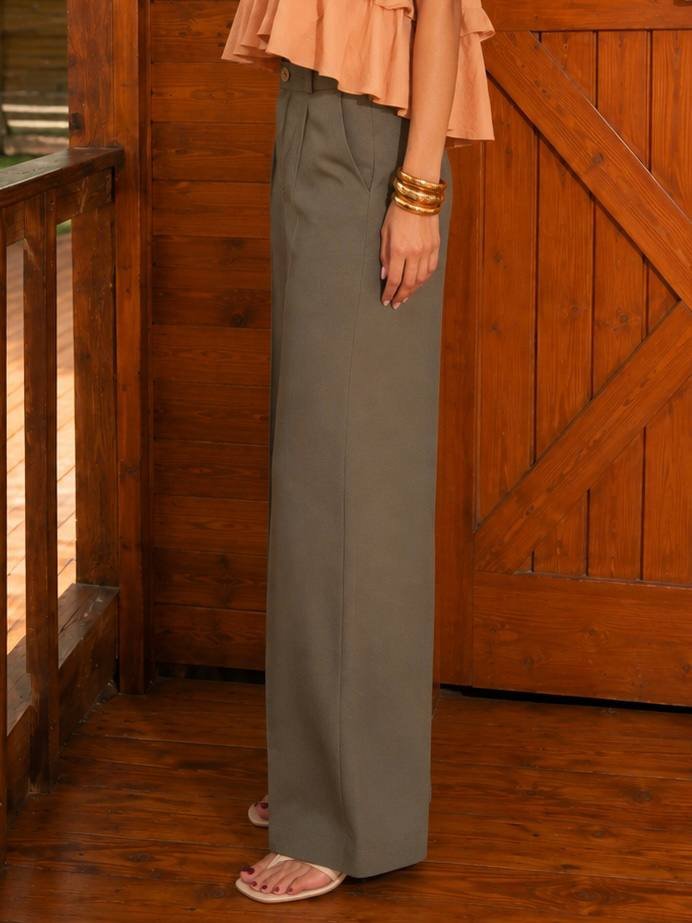 Pleated Wide-Leg Trousers — Olive Green