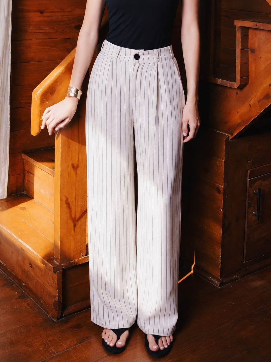Pleated Wide-Leg Trousers — Natural Stripe