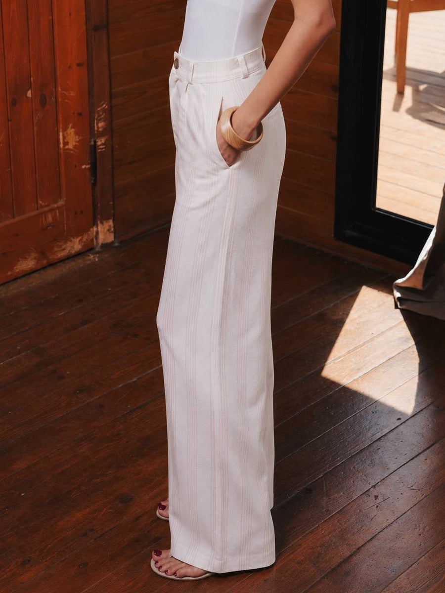 Pleated Wide-Leg Trousers — Beige Stripe